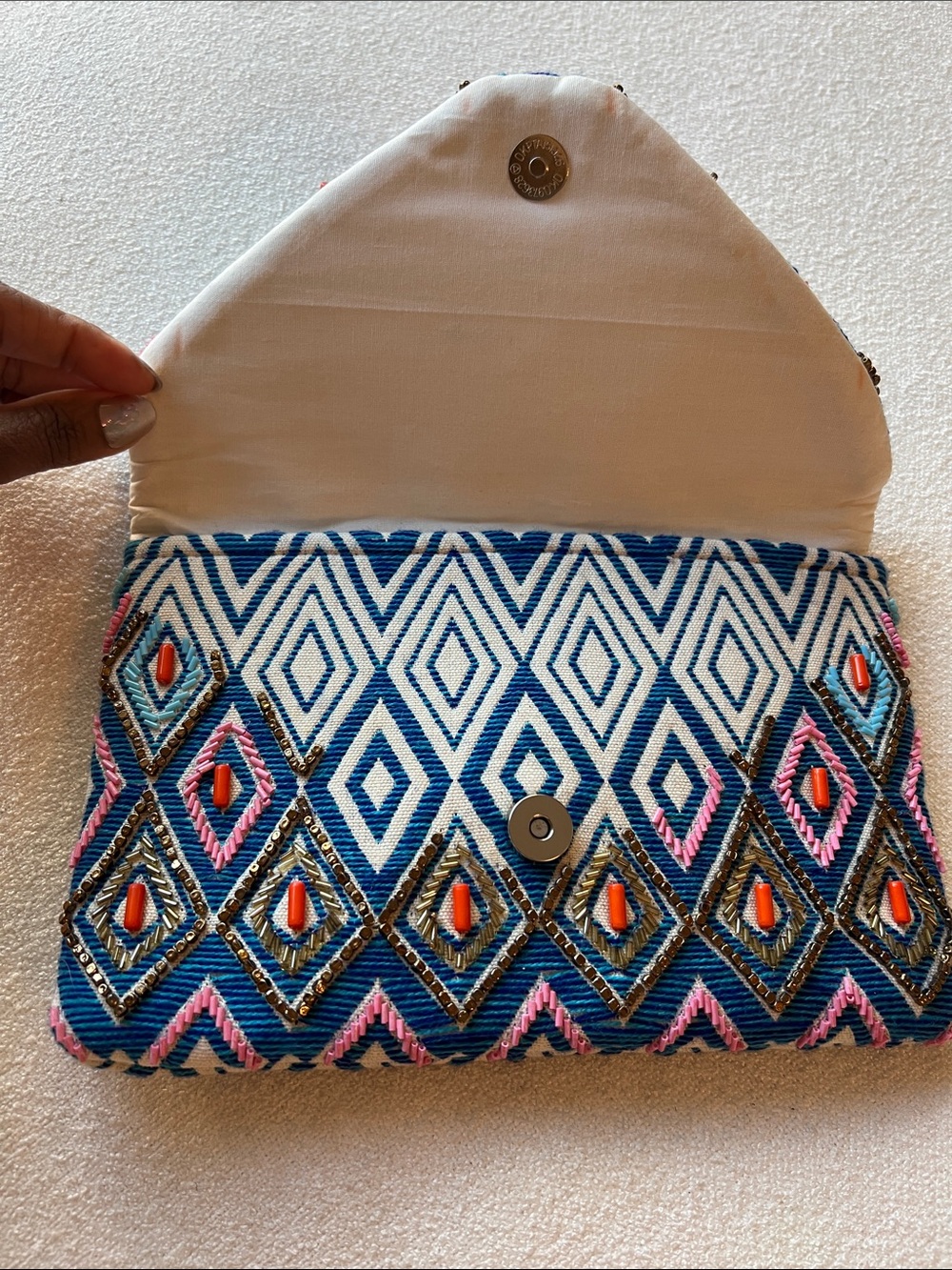 Blue Embroidered Diamond-Pattern Clutch - Picture 2 of 7